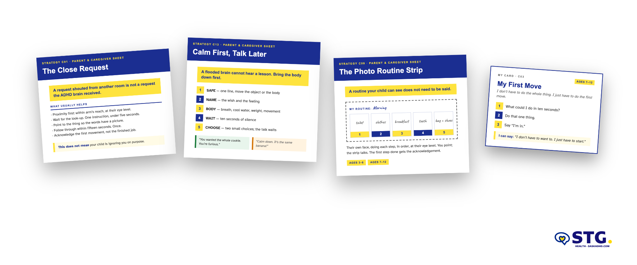 Examples of parent strategy sheets, a visual routine and a child reminder card.